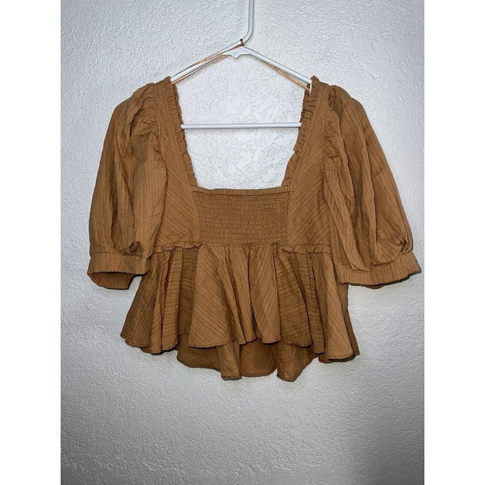 Free People Top NWTS Cotton Oversized Crop Ruffles Puff Sleeves Clay Color (m) - Picture 11 of 12